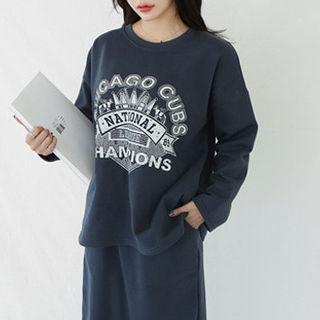 Set: Round-neck Lettering Top + Band-waist Midi Skirt