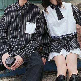 Couple Matching Long-sleeve Striped Shirt / Letter Trim Vest / Set