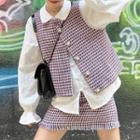Tweed Mini Skirt / Button-up Vest / Plain Blouse