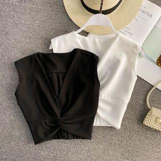 V-neck Plain Knot Crop Tank Top