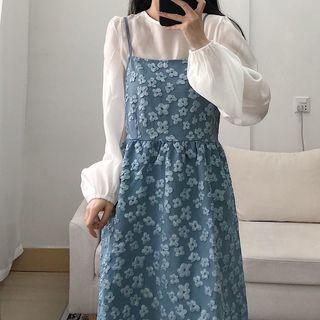 Plain Blouse / Spaghetti Strap Floral Print Midi Dress
