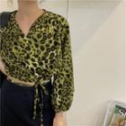 Leopard V-neck Long-sleeve Cropped Top / Plain Midi Skirt