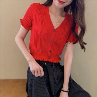 Ruffle Trim Cutout Cropped Knit Top