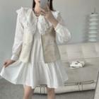 Long-sleeve Lace Trim Collar A-line Dress / Tweed Vest