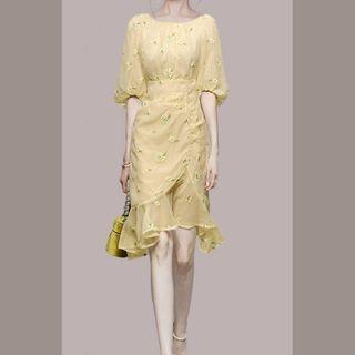 Elbow-sleeve Floral Mermaid Dress