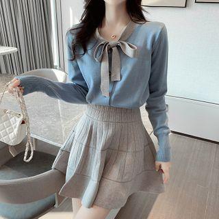 Set: Long-sleeve Tie-neck Knit Top + Mini A-line Skirt
