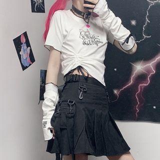 Cartoon Embroidered Drawstring Cropped T-shirt With Arm Sleeves