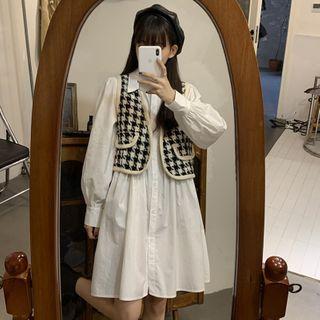 Tweed Vest/ Plain A-line Shirtdress