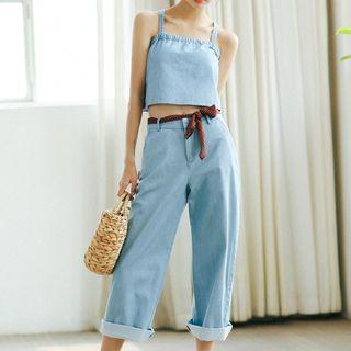 Set: Denim Camisole Top + Wide Leg Jeans
