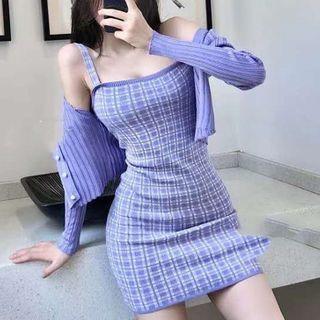 Set: Spaghetti Strap Mini Sheath Knit Dress + Cardigan