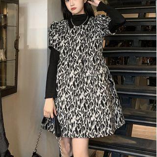 Puff-sleeve Leopard Print Mini A-line Dress / Mock-neck Top