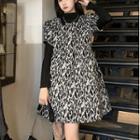 Puff-sleeve Leopard Print Mini A-line Dress / Mock-neck Top