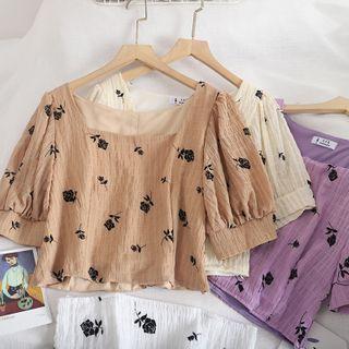Puff-sleeve Floral Print Square-neck Crop Top