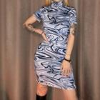 Printed Mock-turtleneck Short-sleeve Mini Sheath Dress