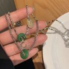 Green Stone Double-layered Necklace Silver - One Size