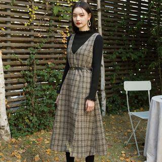 Sleeveless Checked Dress With Belt Brown - One Size