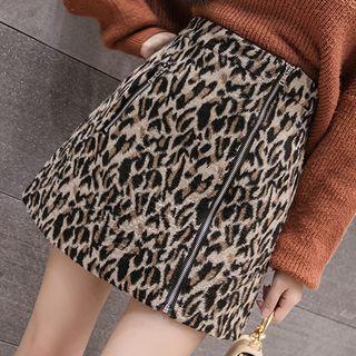 Leopard Patterned Mini A-line Zip Skirt