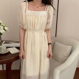 Short-sleeve Chiffon Midi A-line Dress Almond - One Size