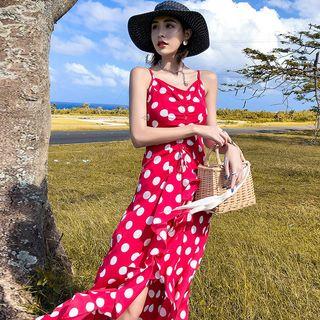 Spaghetti Strap Polka Dot Midi A-line Dress