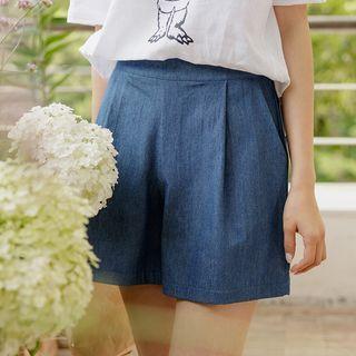 Band-waist Pleated Denim Shorts
