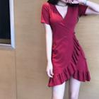 Ruffle-hem V-neck Short-sleeve Dress