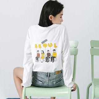 Long-sleeve Cartoon Print T-shirt White - One Size