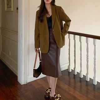 Plain Single-button Blazer / Lace Trim Camisole Top / Side-slit Midi Pencil Skirt