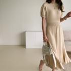 Puff-sleeve Pleated Long Knit Dress Light Beige - One Size