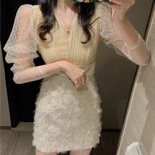 Set: Short-sleeve Mesh-panel Blouse + Fringed Pencil Skirt