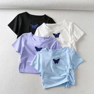 Butterfly Embroidered Drawstring Cropped T-shirt