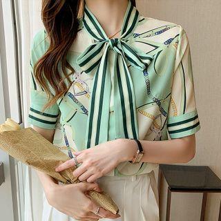 Tie-neck Short-sleeve Printed Blouse