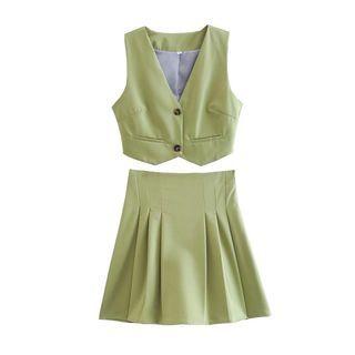 Set: Sleeveless Button-up Top + Pleated Mini A-line Skirt