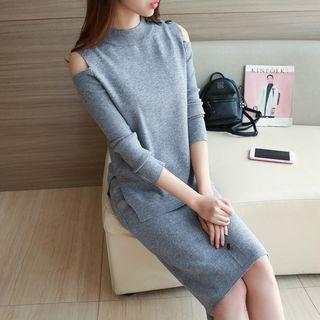 Set: Shoulder Cut Out Knit Pullover + Knit Skirt
