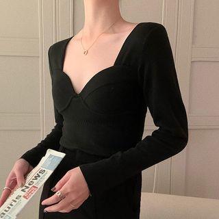 Long-sleeve Sweetheart Neckline Plain Thermal Top