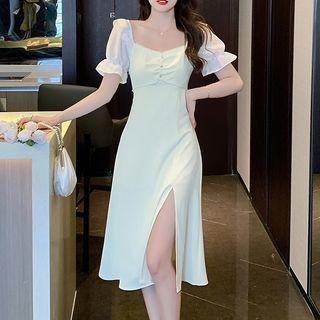 Mock Two-piece Puff-sleeve Shirred Slit Dress