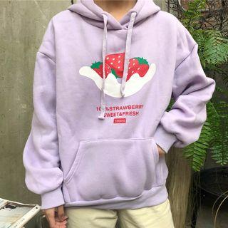 Strawberry Print Hoodie Purple - One Size