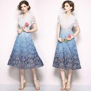 Gradient Short Sleeve Midi Lace Dress