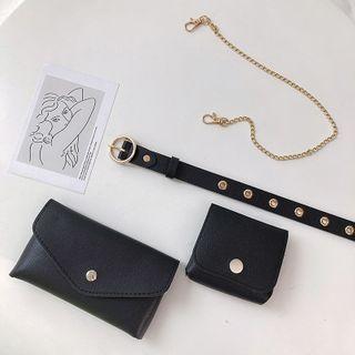 Set: Faux Leather Chained Thin Belt + Pouch