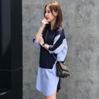 3/4-sleeve Knit Panel Pinstriped Long Shirt