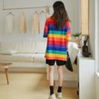 Rainbow-stripe Crop T-shirt / Loose T-shirt