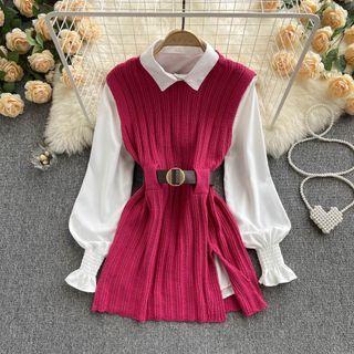 Set Of 2 : Plain Long-sleeve Shirt + Lace-up Strap Slit Knit Vest