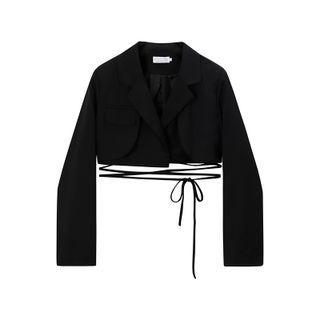Long-sleeve Plain Tie-strap Cropped Blazer