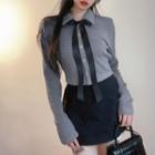 Collared Ribbon Accent Button-up Knit Crop Top
