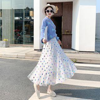 Sweater / Cardigan / Dotted Midi A-line Mesh-overlay Skirt / Set