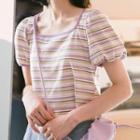 Puff-sleeve Square Collar Striped Top