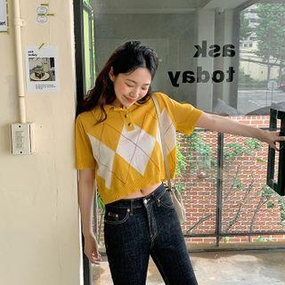 Argyle-knit Crop Polo Shirt