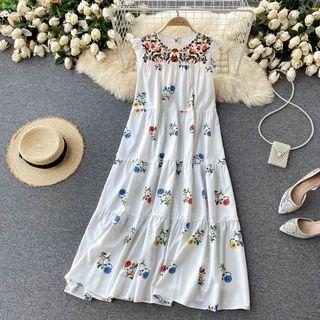 Sleeveless Crewneck Floral Print Midi A-line Dress