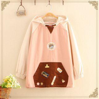 Pocket-detail Cartoon Applique Color-block Hooded Pullover