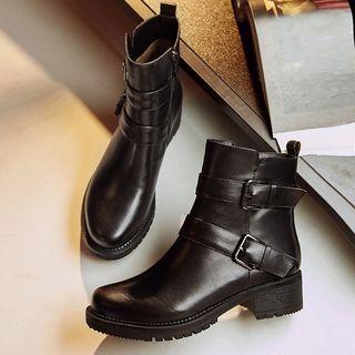 Genuine-leather Buckled Ankle Boots