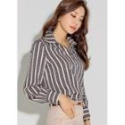 Half-placket Chain-stripe Blouse With Sash Navy Blue - One Size